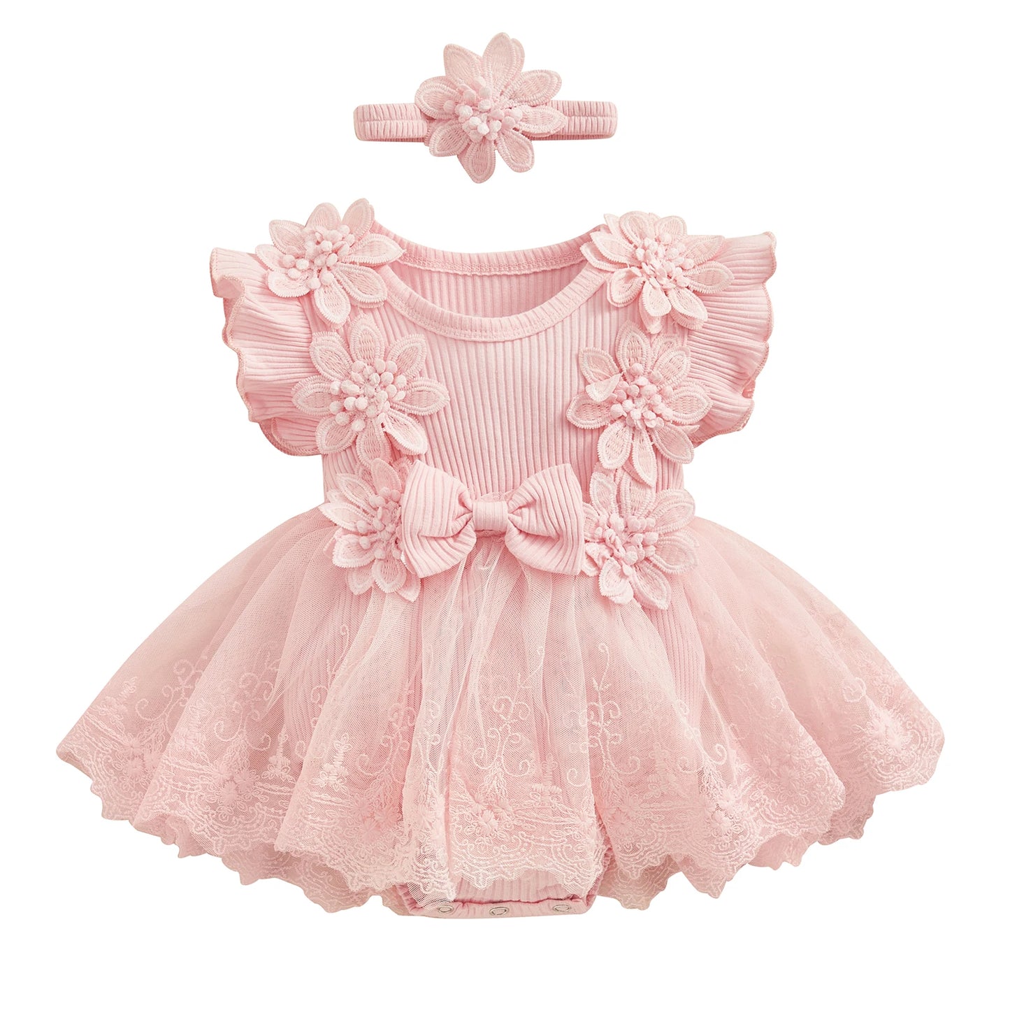 Baby Girl 2 Piece Outfits Mesh Lace Patchwork Ruffle Romper Dress and Headband Cute Fashion Summer Clothes