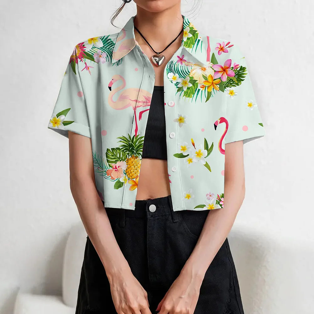 Women's Lapel Button Tank Tops Shirts Summer Casual Short Sleeve Shirts 3D Cherry Printed Women's Clothing Navel Exposed Shirts