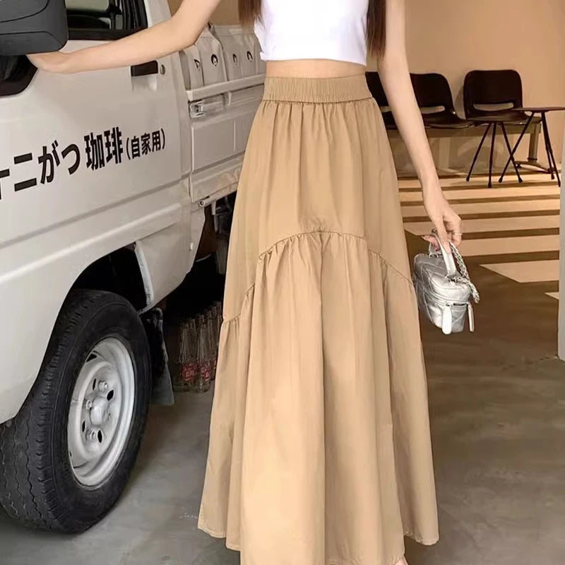 Spring Summer Women Chiffon Skirts Vintage High Waist Elastic Patchwork White Black Chic Long Cake A-line Skirt for Student