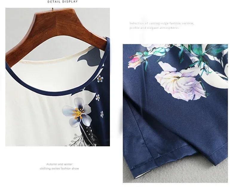 Plus Size Women Silk Satin Blouses Spring Summer Floral Printing Blouse Female Fashion Shirt Tops