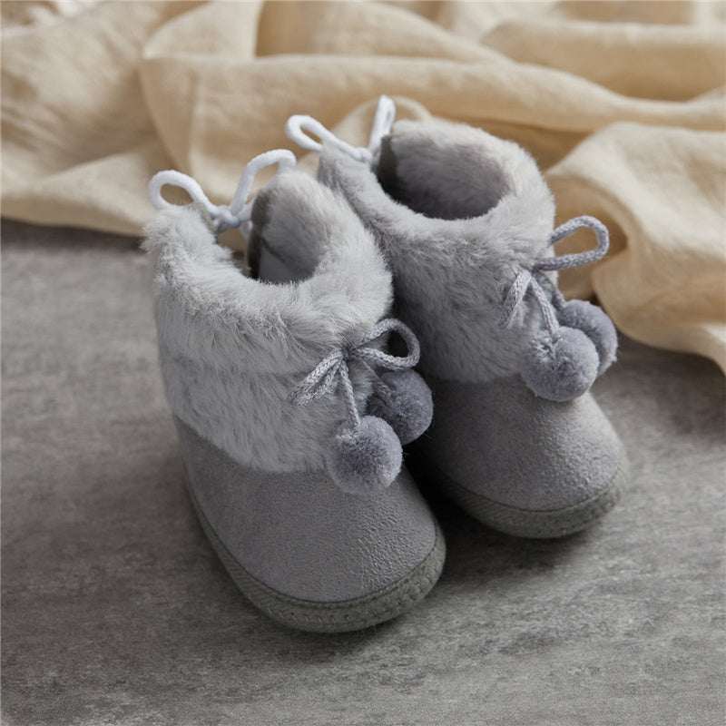 Suefunskry Toddler Baby Girls Boys Boots Winter Warm Soft Sole Fluffy Lace up Boots Cute Plush Pom Decoration Non Slip Shoes