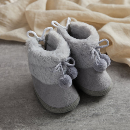 Suefunskry Toddler Baby Girls Boys Boots Winter Warm Soft Sole Fluffy Lace up Boots Cute Plush Pom Decoration Non Slip Shoes