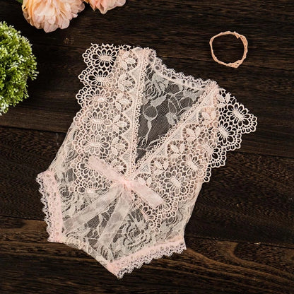 2 Pcs 0-1 Month Newborn Photography Props Baby Headband Lace Romper Bodysuits Outfit Girl Costume Photo Clothing