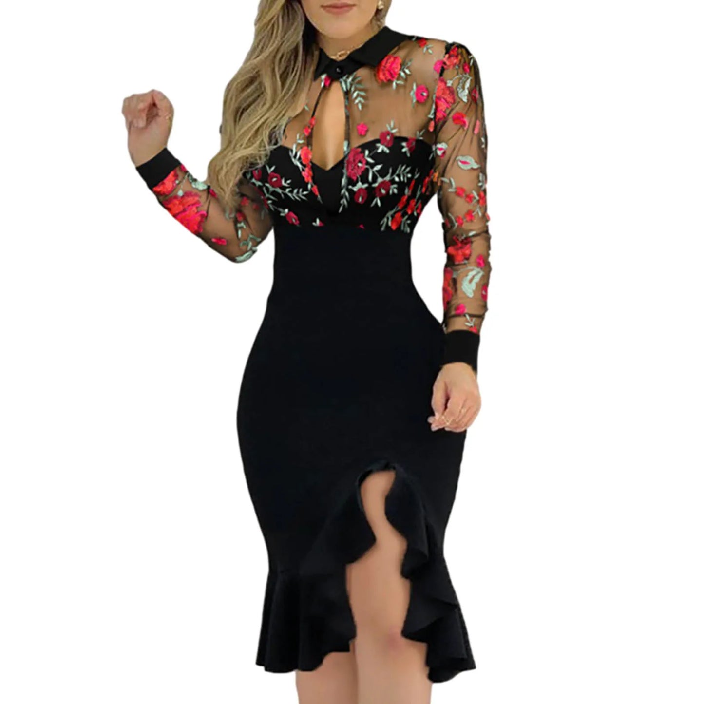Long Dresses Spring Summer Sexy Mesh Ruffle Dress Women Long Sleeve Irregularity Midi Dress Fashion Print Elegant Party Dresses