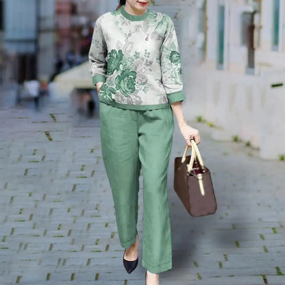 Summer Sets Large Silk Wide Leg Trouser Set Women's Spring 2026 New Print Silk Fashion Slim Two Piece Set Female Elegant