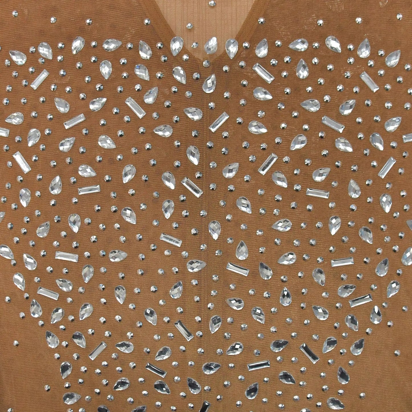 Women Sexy See Through Sheer Mesh Rhinestone Décor Long Sleeve Maxi Party Dress