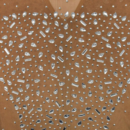 Women Sexy See Through Sheer Mesh Rhinestone Décor Long Sleeve Maxi Party Dress