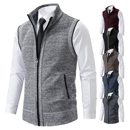 Vest Men Knitted Sleeveless Sweater Jacket Wool Velvet Zipper Cardigan Turn-down Pullovers Turtleneck Sweater coat Knit Waistcoat