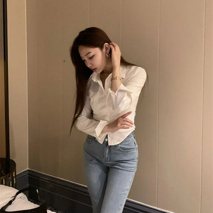 Korean White Office Women Chiffon Shirt Pocket Button Lapel Ladies Blouse Spring Commuter Long Sleeve New Female Crop Tops