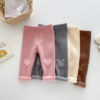 Girls Leggings 2026 Winter 0-5Y Children's Clothes Baby Girls Patch Plus Velvet Warm Pants Trousers