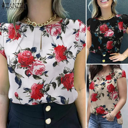 ZANZEA Summer Bohemian Short Sleeve Floral Printed Blouse Women Vintage Holiday Party Shirt Casual Beach Tops Tunic Bulses 2025