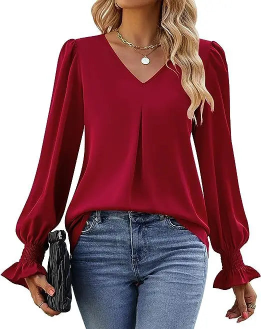 Women's New Solid Color Chiffon Shirt V-neck Pullover Flared Long Sleeved Top Shirt Office Lady Elegant Khaki Loose Blouse