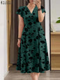 ZANZEA Fashion Floral Print Women Midi Dresses 2025 Summer Ruffle Sleeve V Neck A-line Vestido Casual Cinch Waist Party Sundress