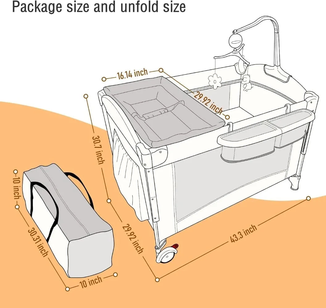5 in 1 Baby Crib,Baby Bassinet, Bedside Cribs, Pack and Play with Bassinet and Changing Table, Portable Travel Baby Bassinet