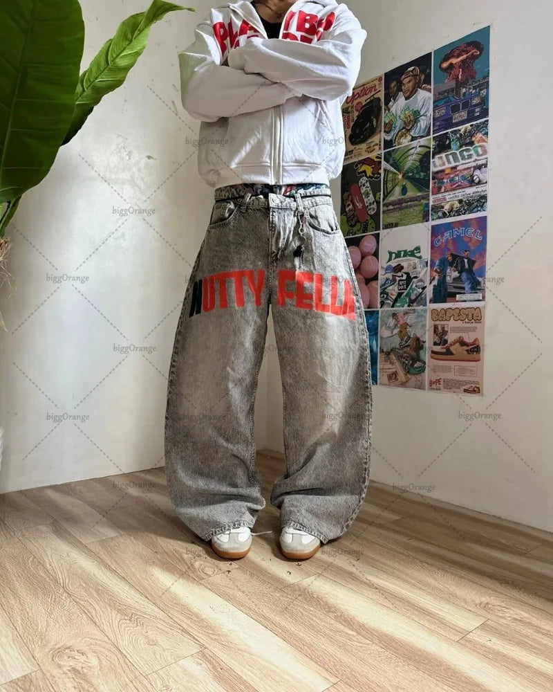 Y2K Harajuku Retro Washed Baggy Jeans Street Hip-hop Anime Printed Wide Pattern Straight Pants Men Trendy Brand Casual Trousers
