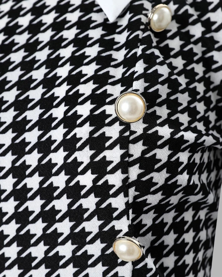 Women's Dresses 2026 Spring Fashion Houndstooth Button Decor Puff Sleeve Ruffle Hem Elegant Turn-Down Collar Daily A Line Dress