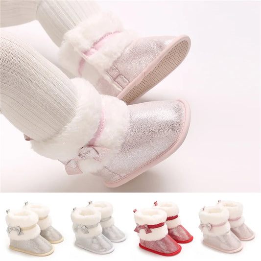 Suefunskry Newborn Baby Girl Winter Warm Plush Boots Shiny Flats with Cute Bows Casual Walking Shoes for Toddler Infant