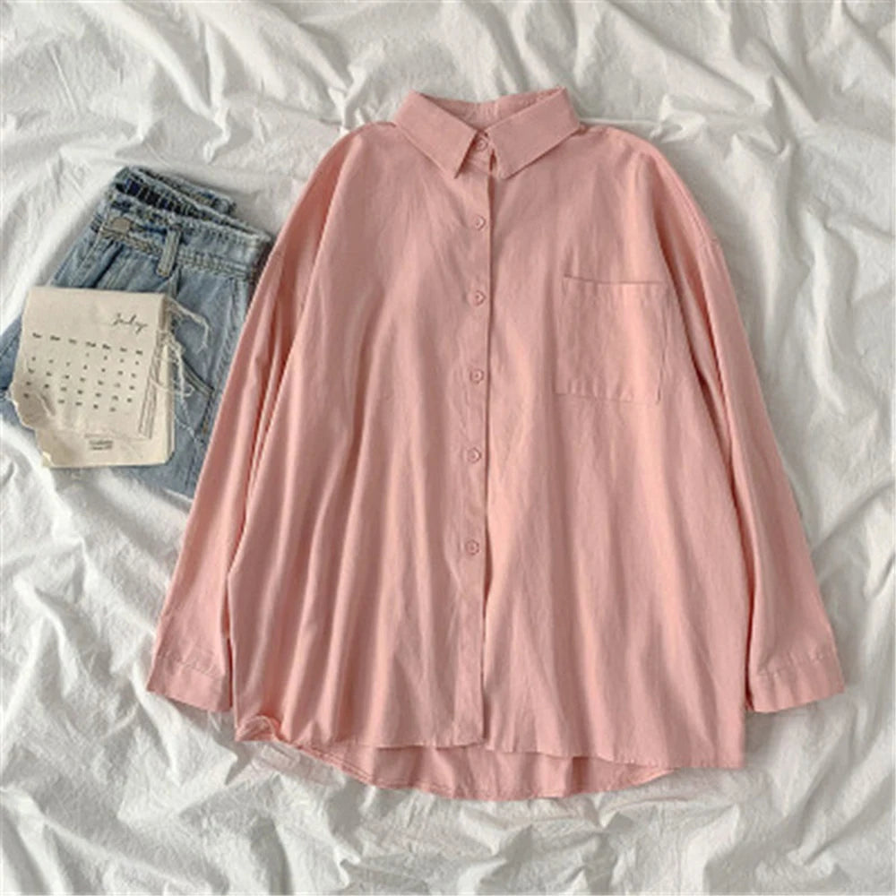 Solid White Shirt Women Casual Turn Down Collar Long Sleeve Pocket Women's Tops And Blouses Spring Office Lady Plus Size Shirts