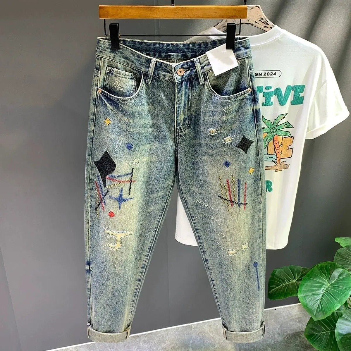 Fashion Men's Casual Jeans with Embroidery Spring Autumn Stylish Jeans Men Luxury Korean Clothes Vintage Clothing Washed Jeans