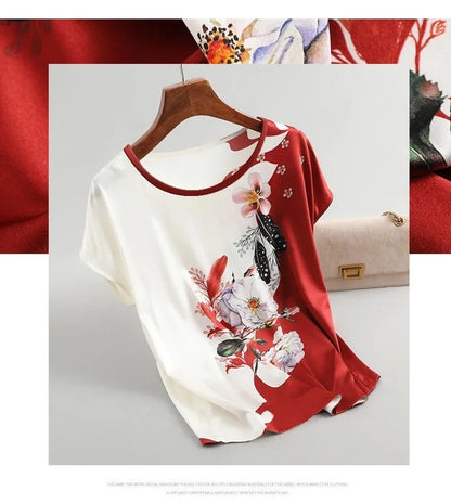 Plus Size Women Silk Satin Blouses Spring Summer Floral Printing Blouse Female Fashion Shirt Tops