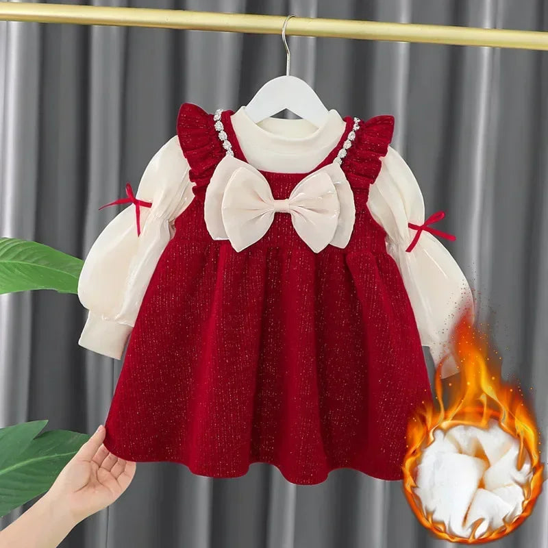 Toddler Baby Girls Dress Autumn  Winter Kids Red Christmas New Year Plush Warm Dress Infant Clothing Set Top+ skirt For 1-4 Years