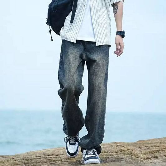 New Retro Washed Large Medium High Waist Men's Straight Blue Men's Trendy Denim Long Pants Men's Clothing Pantalon Homme Jean