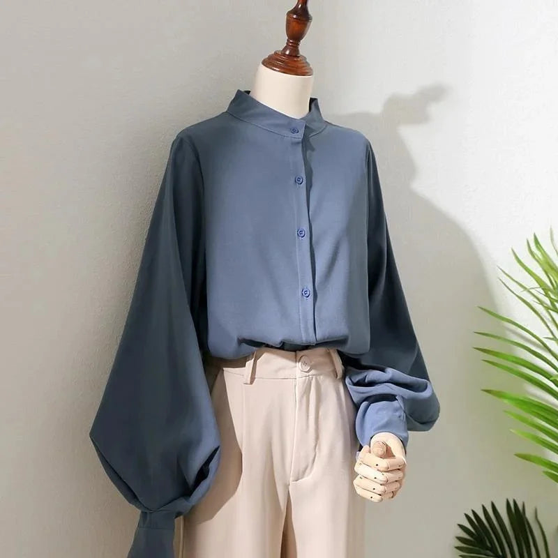 Woman Spring Autumn Style Blouses Shirt Lady Long Lantern Sleeve Stand Collar Loose Blouse Tops