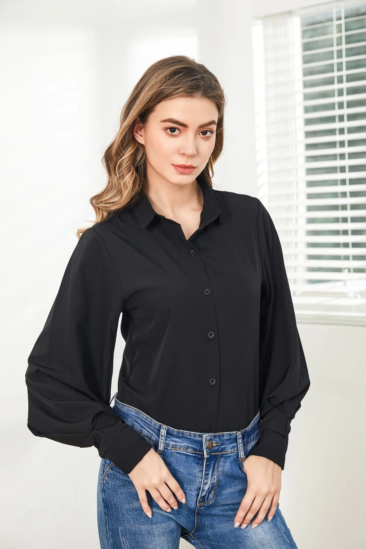 Lantern Sleeves Vintage Shirts Women Elegant White Women's Blouse with Lush Sleeves 2026 Fashion Button Up Shirt Black dropship