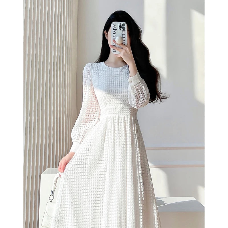 Lace Long Sleeves White Midi Dresses for Women 2026 New Autumn French Elegant Fashion Evening Wedding Party Robe Female Clothing
