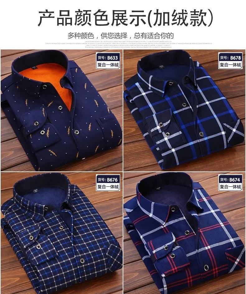 New 2025 Men's Thick Long Sleeve Shirts Fashion Casual Business Versatile Shirts Tops Men Plaid Striped Warm Shirts Camisas Male