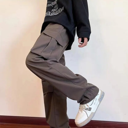 New Overalls Men's Spring Summer Retro High Street Casual pants Large Pocket Trousers Loose Straight Tube Draped Wide-leg Pants