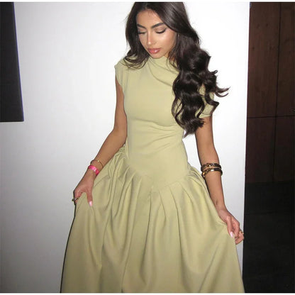 DSMTRC 2025 New Casual Office Lady Vestidos Streetwear Elegant Green Diagonal Collar Pleated Short Sleeve Patchwork Chic Dress