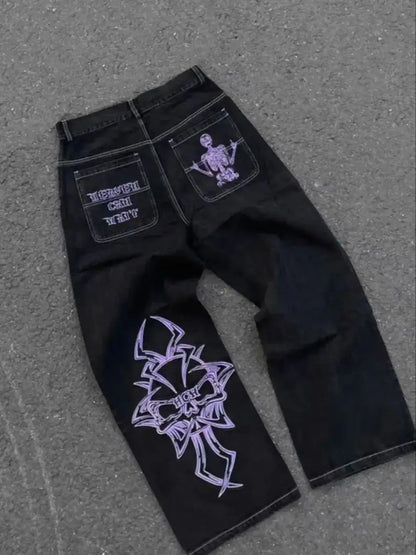 Y2K Jeans Men's Hip Hop Retro Skull Embroidery Washed Baggy Denim Pants New Straight Casual Loose Wide Leg Trouser Streetwear