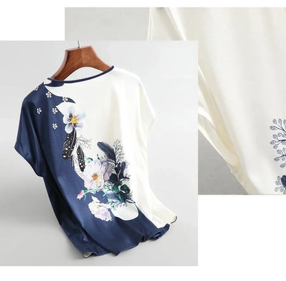 Plus Size Women Silk Satin Blouses Spring Summer Floral Printing Blouse Female Fashion Shirt Tops