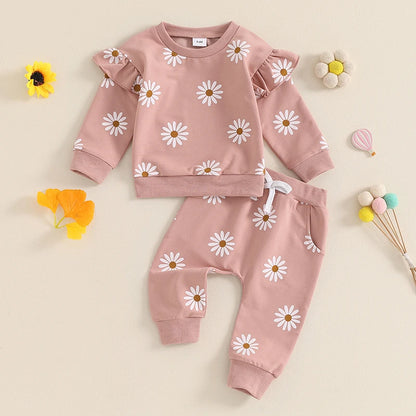 2026 Lorrainian Toddler Girl Fall Outfit Daisy Print Long Sleeve Sweatshirt with Elastic Waist Pants 2 Pcs Set