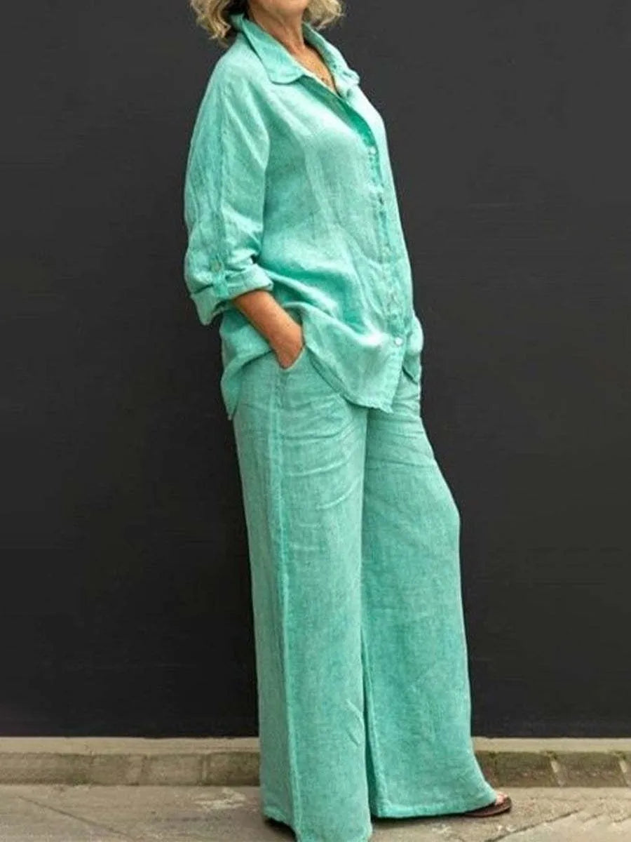Casual Cotton Linen Two Pieces Set Women Autumn Long Sleeve Shirt Trousers Set Fashion Solid Straight Pants Suits Women Outfits