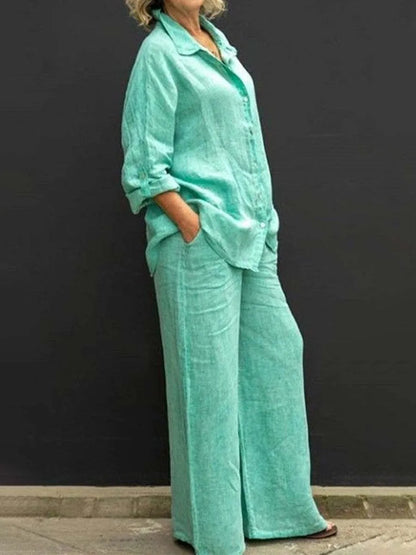 Casual Cotton Linen Two Pieces Set Women Autumn Long Sleeve Shirt Trousers Set Fashion Solid Straight Pants Suits Women Outfits