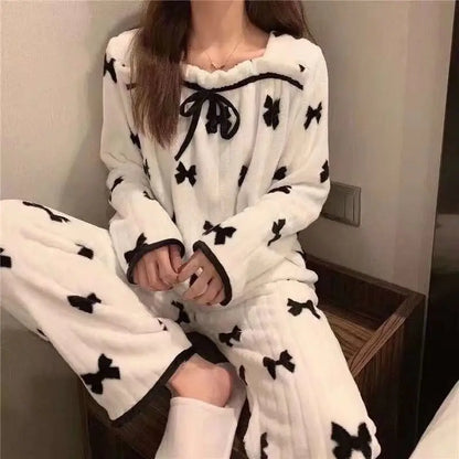 Square Collar Women Pajamas Set Winter Sleepwear Fleece Velvet 2 Piece Pant Home Suit Fluffy Korean Solid Pajama Warm Night Wear