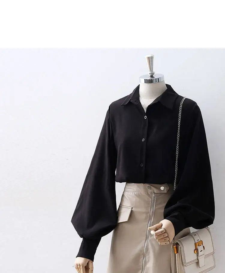 Lantern Sleeves Vintage Shirts Women Elegant White Women's Blouse with Lush Sleeves 2026 Fashion Button Up Shirt Black dropship