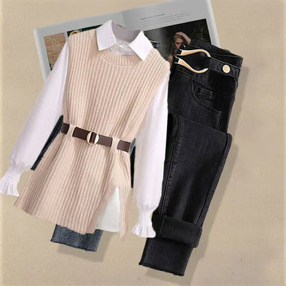 2026 Autumn Increased Size Korean Popular Chiffon Shirt Knitted Sweater Jeans Three Piece Elegant Women's Pants Set Tracksuit