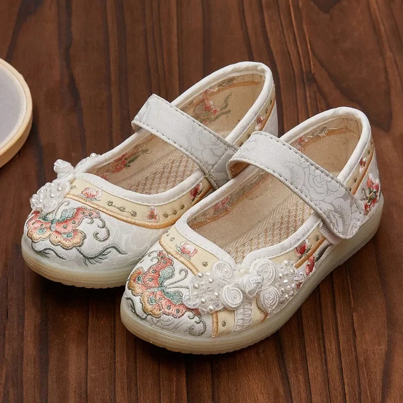 Kids Hanfu Shoes Sweet Embroidery Flower Girl Princess Shoes Fashion Chinese Ancient Style Children's Causal Flat Cloth Shoes
