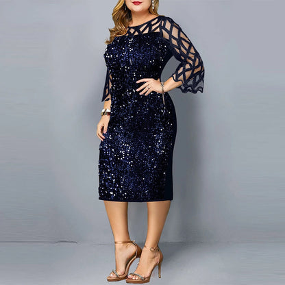 Elegant Sequin Plus Size 4XL 5XL Women Midi Dress Sexy Casual Evening Party Dress Gown Wedding Luxury Robe Rouge Vestidos