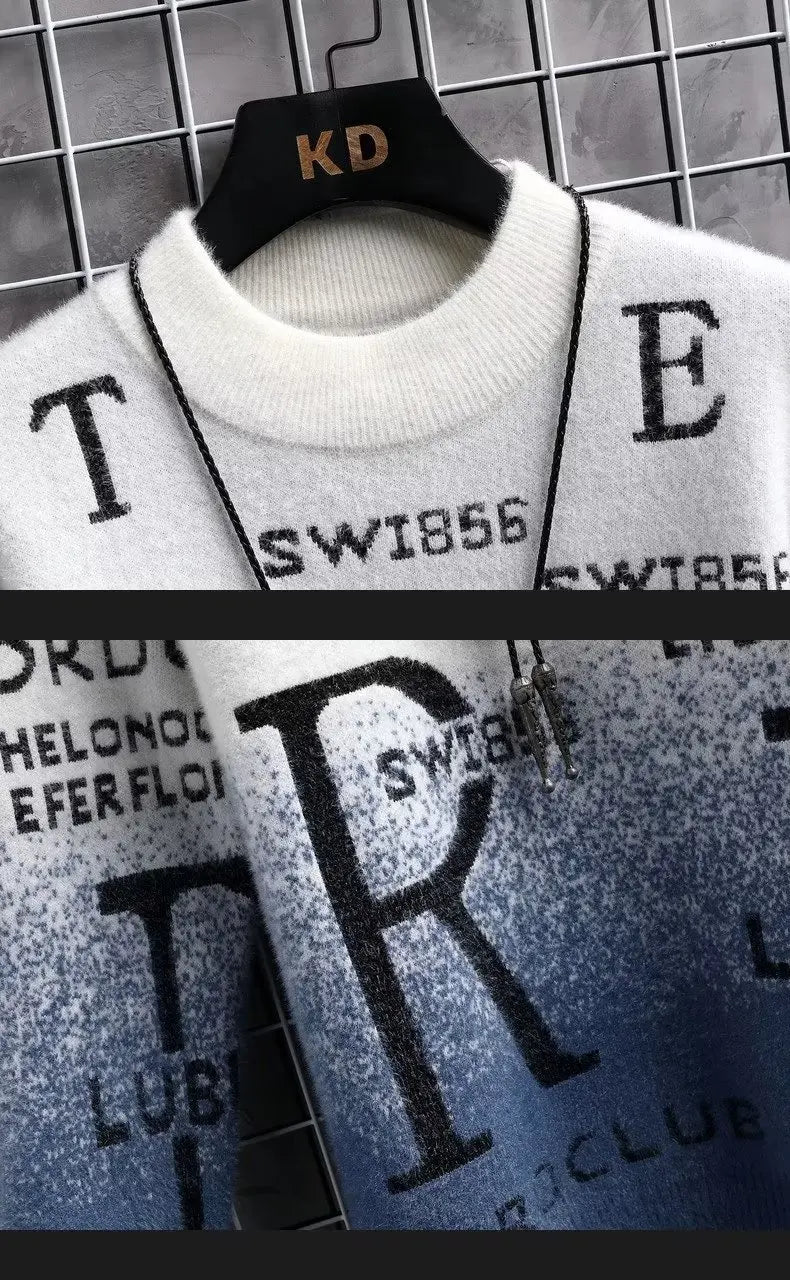 2025 Autumn Winter Men's Sweater Korean Fashion Men Clothing English Elements Sweater Men Casual Pullover O-Neck Sweaters Men