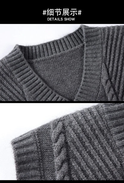 Stylish V-neck Jacquard Knit Sleeveless Sweater Vest for Men Middle-aged Men Fashion Solid Color Warm Top
