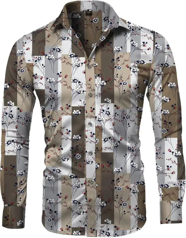 Fashion Irregular Plaid Flower Print Men's Long Sleeve Shirt Casual Party Street Hawaiian Polo Collar Shirt