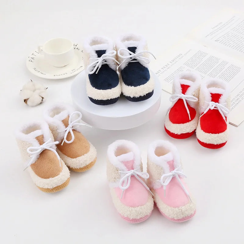 Korean Style Patchwork Plush Baby Shoes - Soft Sole, Cotton Padded, Lace-up Snow Boots for Adorable Boys and Girls 0-18M