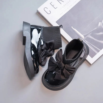 Children's Boots Fashion PU Solid Black Bow Girls Uniform 2025 Spring and Autumn New Kids Fashion Flying Knit School Socks Shoes