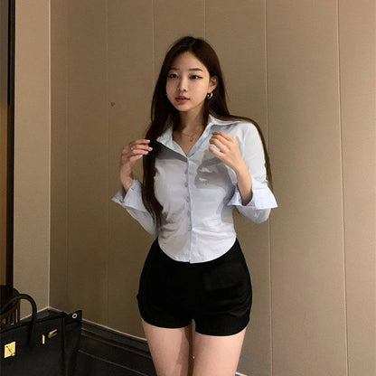 Korean White Office Women Chiffon Shirt Pocket Button Lapel Ladies Blouse Spring Commuter Long Sleeve New Female Crop Tops