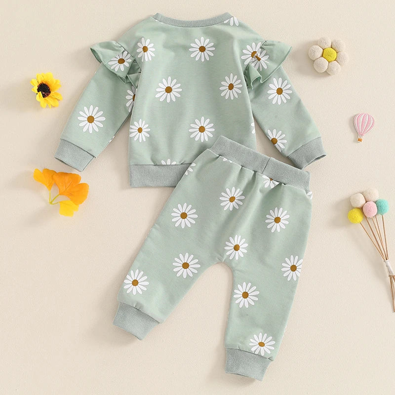 2026 Lorrainian Toddler Girl Fall Outfit Daisy Print Long Sleeve Sweatshirt with Elastic Waist Pants 2 Pcs Set