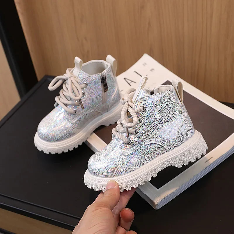 New Children's Autumn Boots Glossy Girls Causal Leather Boots Fashion Versatile Kids Princess Ankle Short Boots Round-toe Zipper